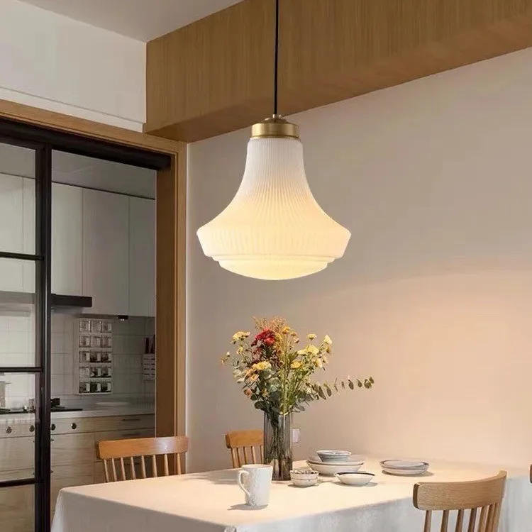 

Scandinavian Vintage Japanese Restaurant Pendant Light – Handmade Cream Opal Glass & Brass Linear Hanging Lamp for Cozy Spaces