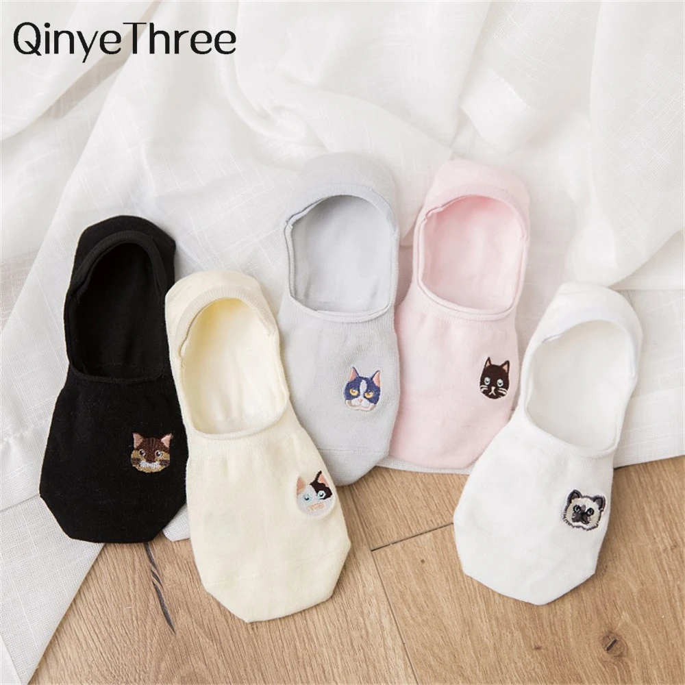 

New Girls' Funny Summer Spring Cute Embroidered Kitten Invisible Sokken Cat Claw Footprint Women's Soft Cotton Socks Dropship