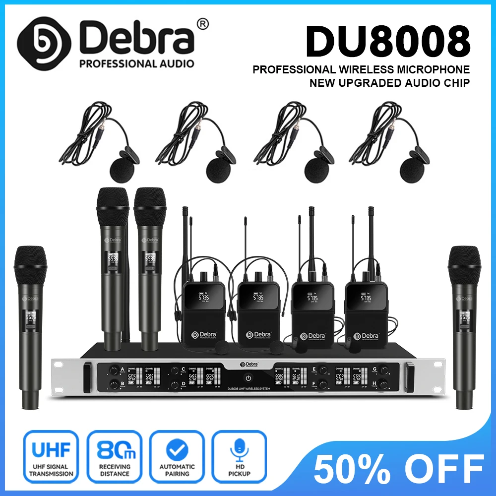 

Беспроводная ручная микрофонная система Debra DU8008, UHF, 8 каналов, автоматическое сопряжение частот, подходит для конференций и проведения мероприятий.