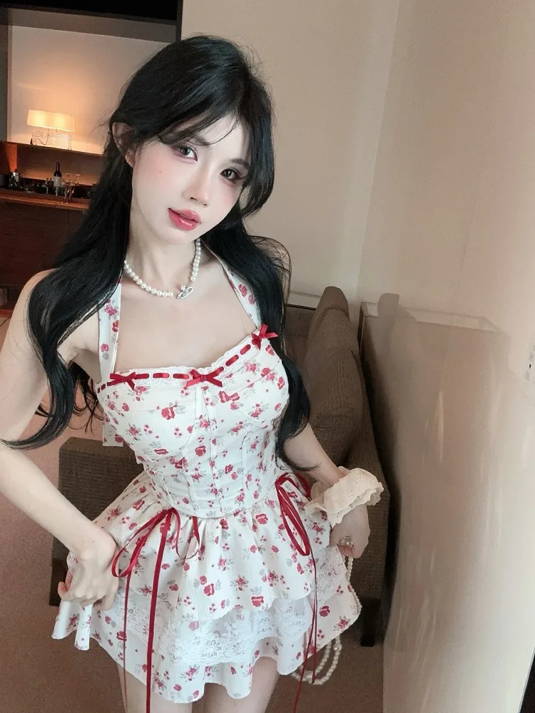 달콤한 꽃무늬 타이다이 나비 매듭 스트랩 탑 레이스 스플라이싱 케이크 스커트 세트 여성 캐주얼 스타일 폴리에스터 소재 가을 의류