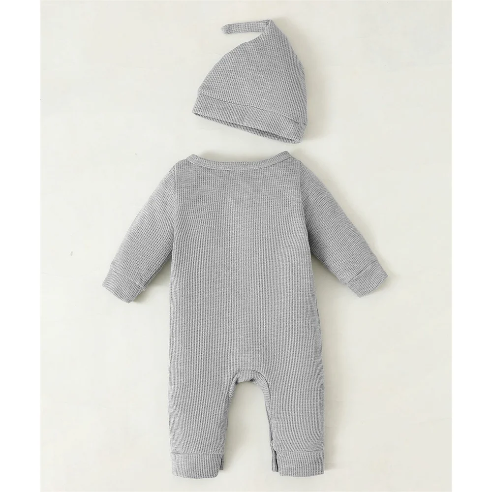 Newborn Baby Boy Romper Solid Long Sleeves Button Jumpsuit with Hat Infant Baby Bodysuit Fashion Autumn Clothes Set 0-6 Months