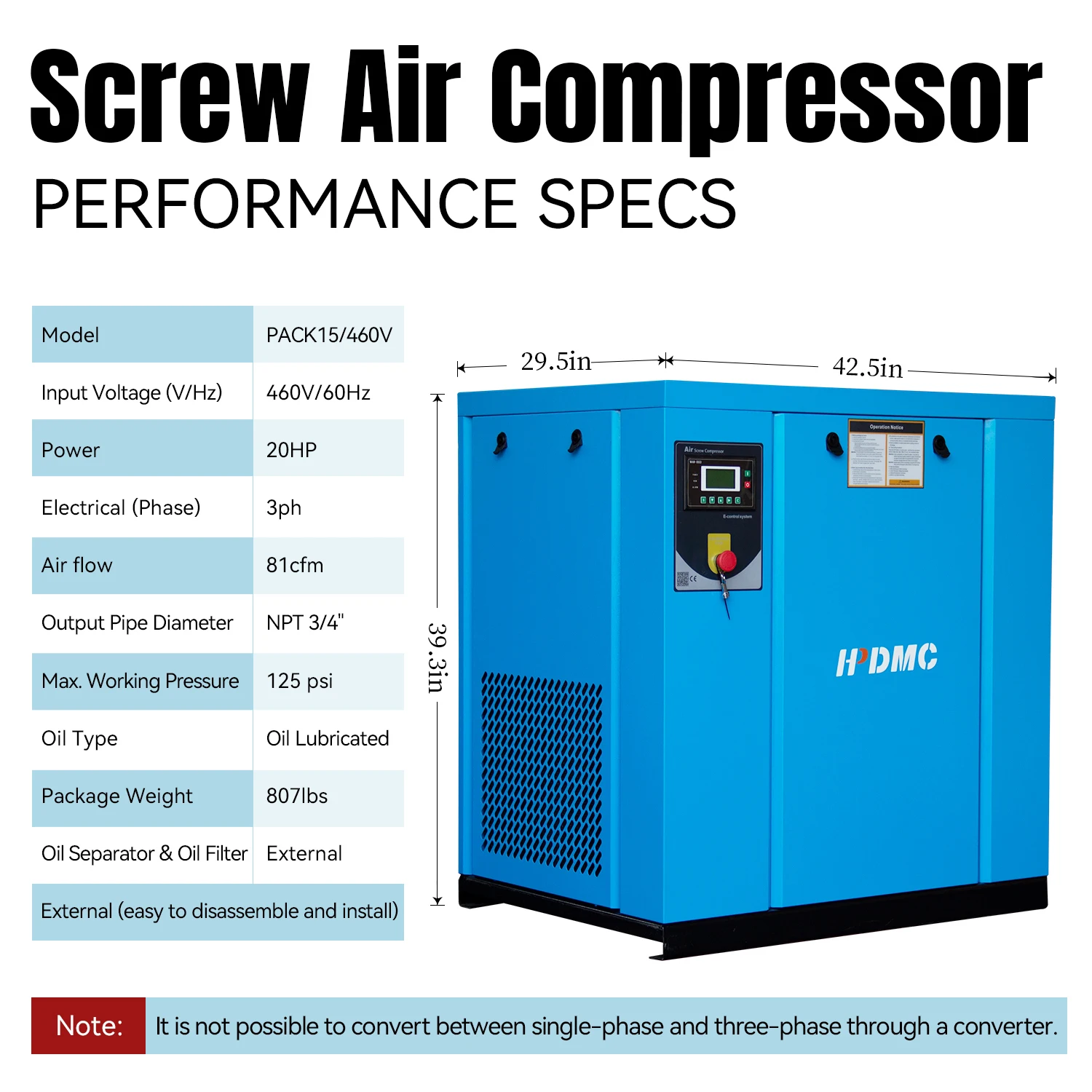 HPDMC 20 HP Rotary Screw Compressor 460-480V/60HZ 3-Phase 81CFM 125PSI Spin-on Oil Separator Industrial Air Compressed System
