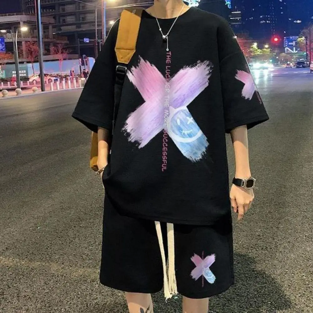 M-5XL Men Print Half Sleeve Harajuku Casual T-shirt Set Graffiti Streetwear Oversize Male Hip Hop Tees Top Suit