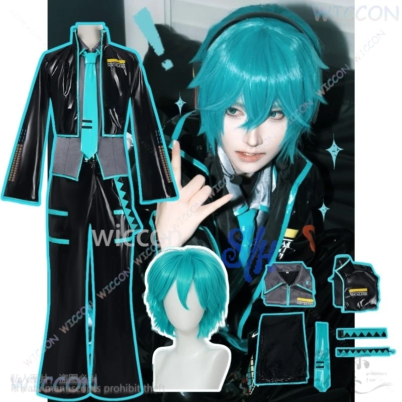 

Anime Game Project Sekai Cosplay Mikuuu Costume Men's Black Green Leather Suit Punk Y2K Jirai Kei Girls Halloween Customized