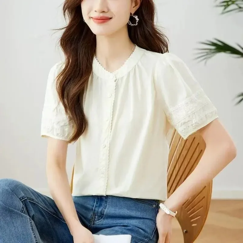 

Round Neck Short-sleeved Shirt for Women Summer New Design Pure Cotton Slimming Top
