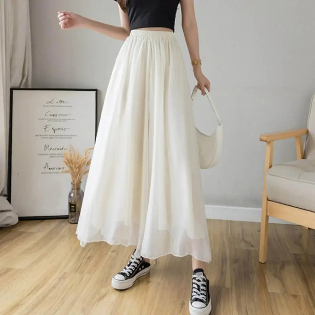 

Women Skirt Pants Double-Layer Design Elastic Waist Chiffon Long Pants Solid Color Mesh Gauze Trousers