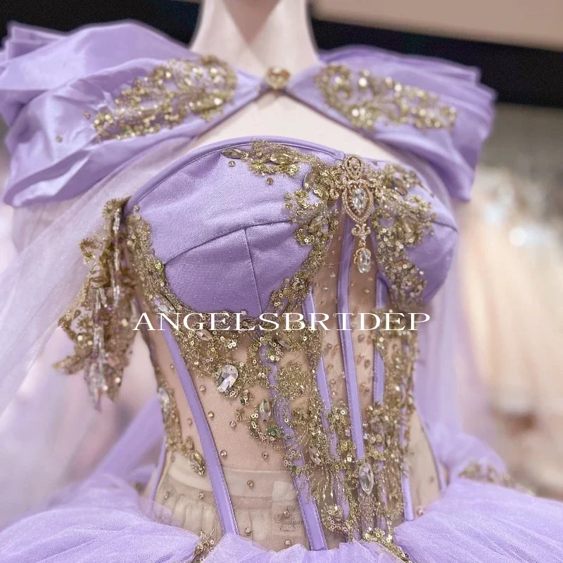 Angelsbride Gold Appliques Ball Gown Quinceanera Dresses With Lilac Cape Vestidos De 15 Años Quinceañeras