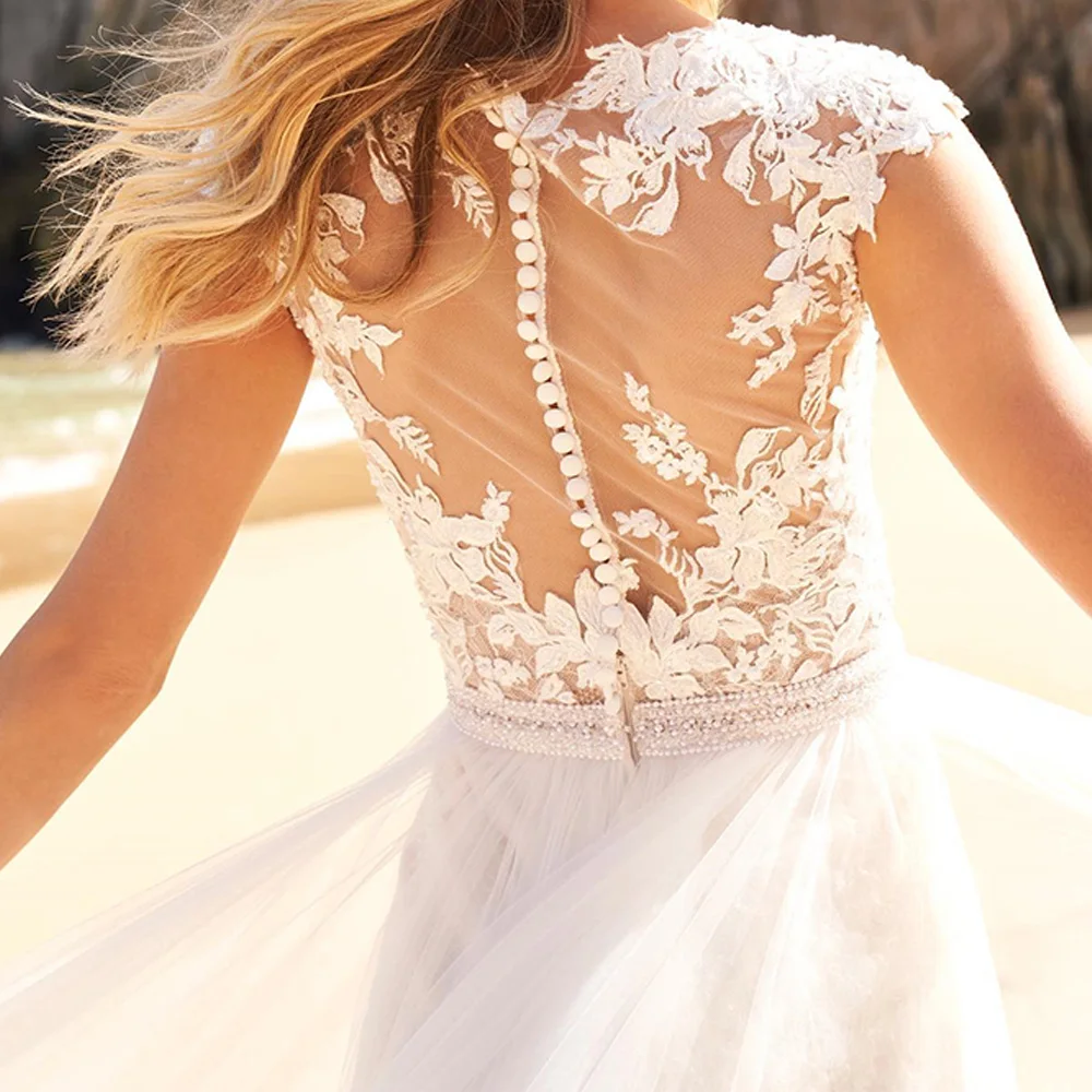 Robe de Mariée Trapèze en Tulle Élégante, Manches Cape, lèvent au Dos, Appliques en Fibre de Dentelle, Traîne de Balayage Classique, VincSpéciale