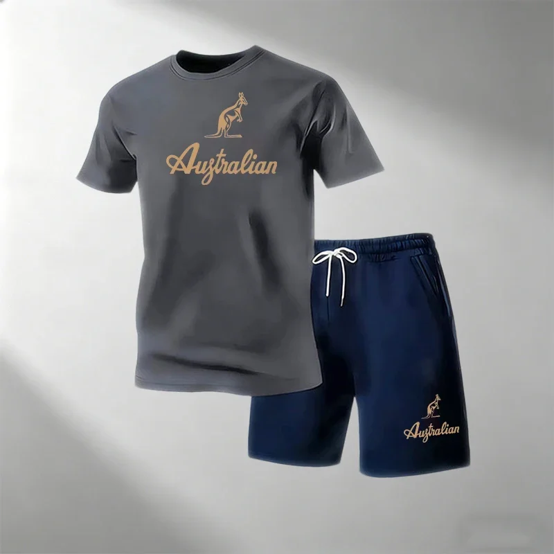 Men's Fitness T-Shirts Sets Breathable Quick Dry Short Sleeve + Sports Shorts Summer Casual Round Neck Suit Hot Sale Street view 5