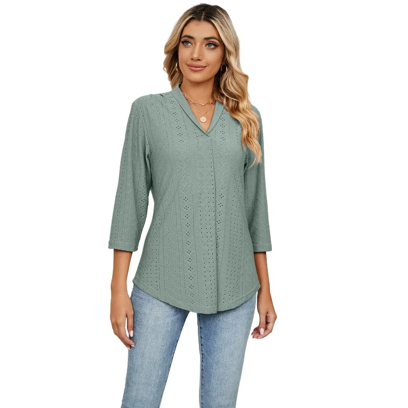 

Autumn Women's V-neck Hollow Jacquard Loose Three Quarter Sleeve T-shirt Solid Color Casual Pullover Top Comfortable T-shirt