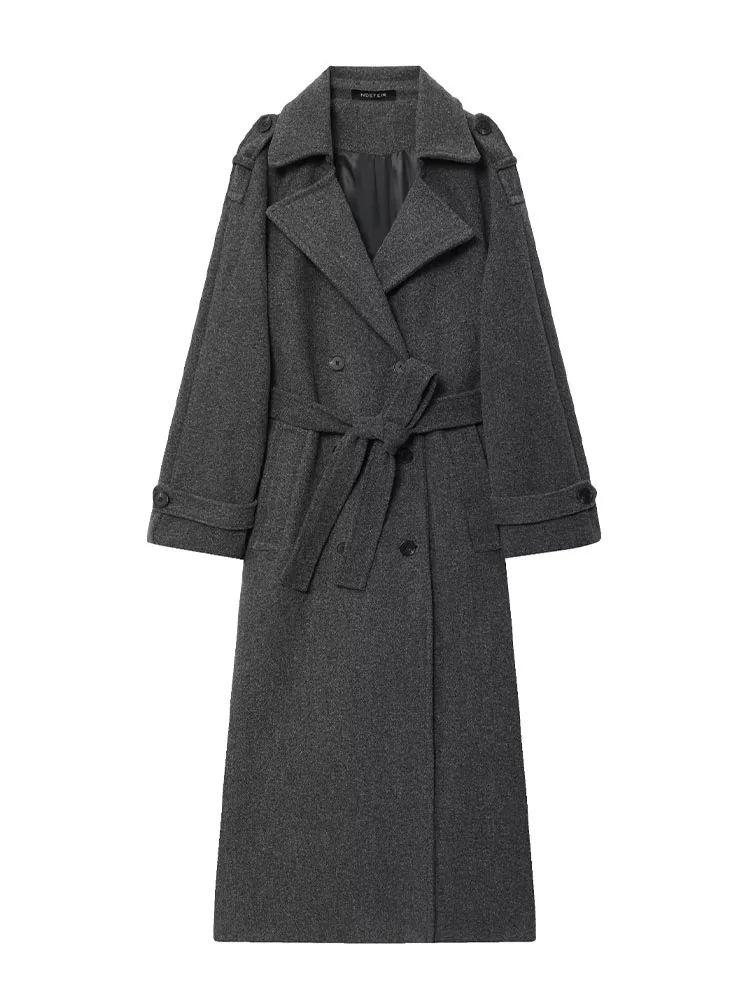 HH Winter Elegante Frauen Drehen-unten Kragen Langen Mantel Solide Lange Ärmel Tasche Gürtel Zweireiher Weibliche Dünne Windjacke mäntel