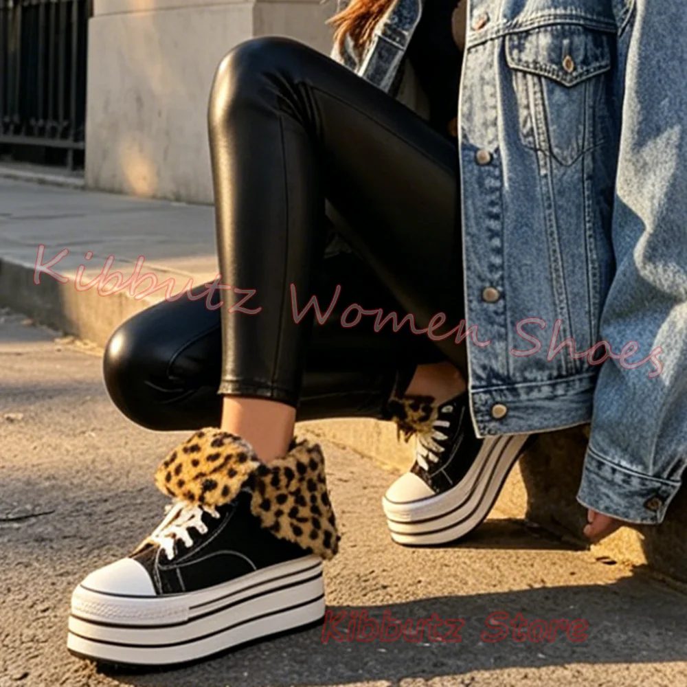 

Leopard Platform Sneakers Women Faux Fur Lace Up Casual Thick Sole Canvas Sport Shoes Comfortable Leather Mixed Color Sexy New