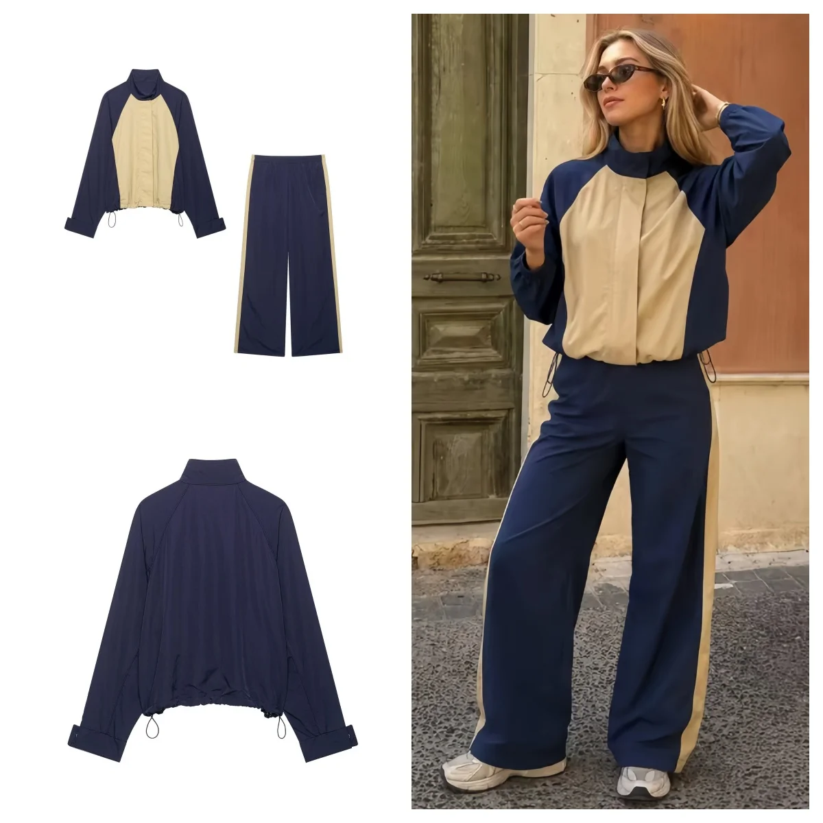 Guobioziy Women's Color-Block Sports Set, Spring and Autumn High-Neck Drawstring Waist Loose Jacket with Side-Stripe Joggers