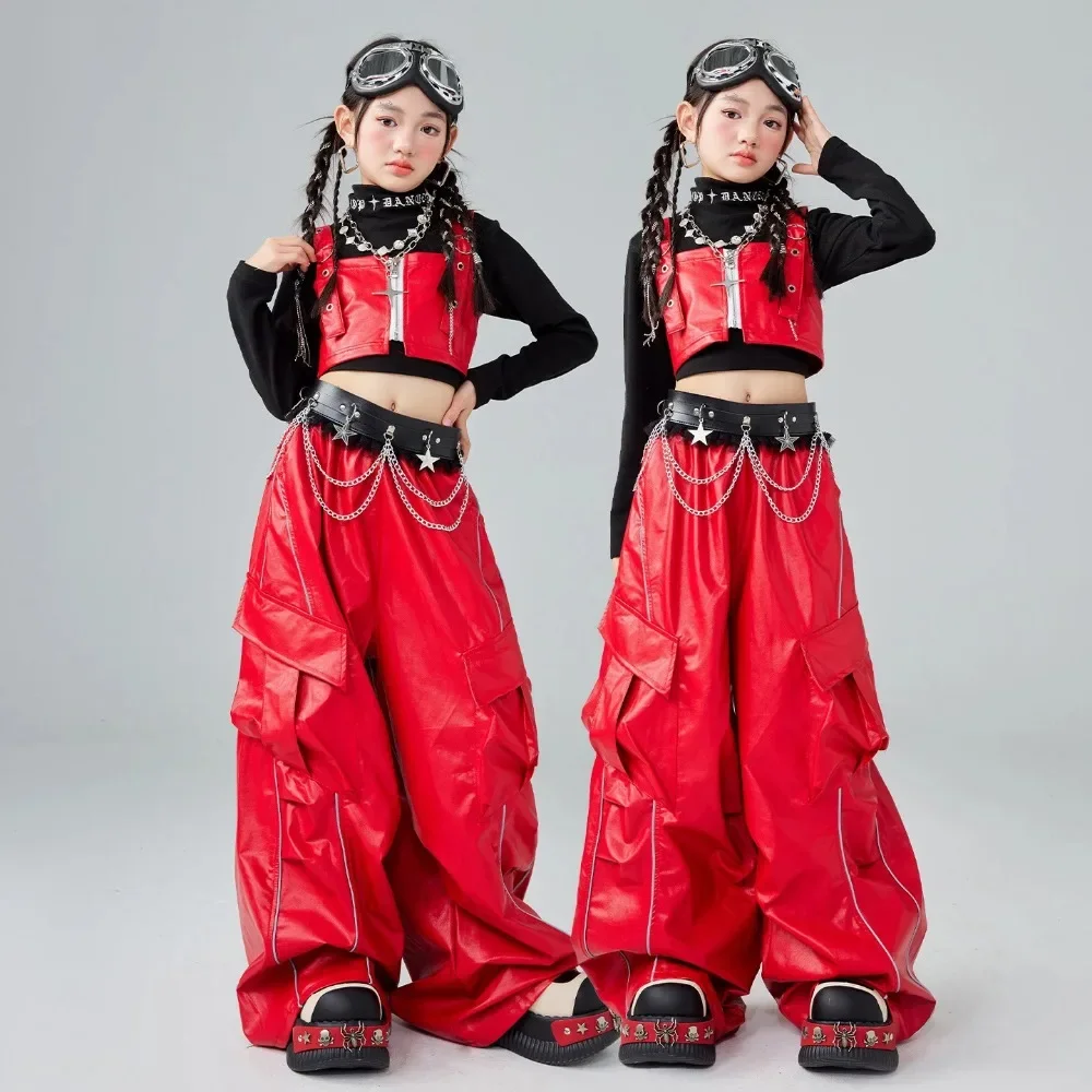 

Костюм для джазовых танцев для девочек, красный кожаный жилет, брюки-карго, хип-хоп, Kpop, сценическая одежда, детская одежда для уличных танцев, BL18302
