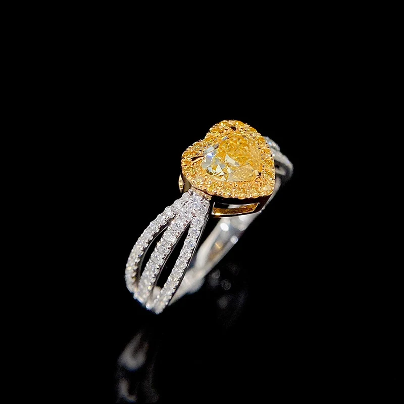 KUGG 100% 18K White Gold Rings Romantic Heart Shape Real Natural Yellow Diamond Engagement Ring for Women High Wedding Jewelry