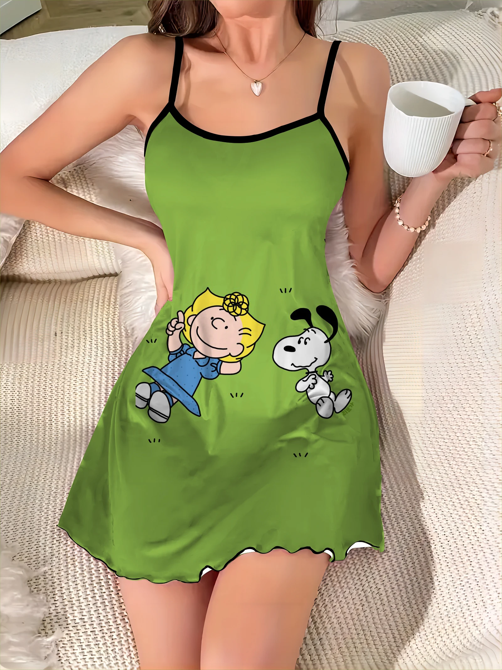 Sexy Dress Pajama Skirt Satin Surface Lettuce Trim Elegant Dresses for Women Snoopy Crew Neck Fashion Summer 2024 Chic Mini Trim