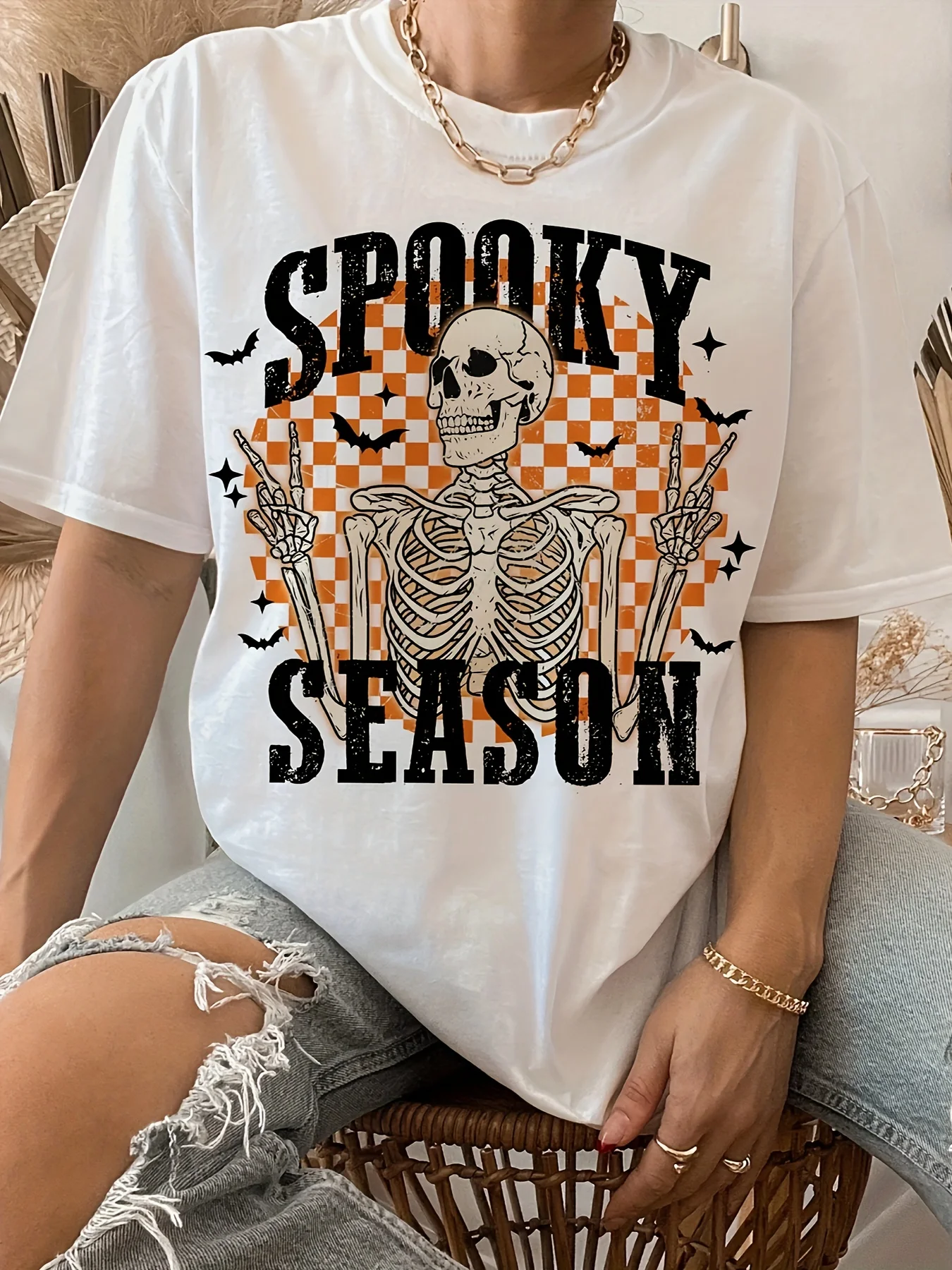 Holiday 100% Cotton T Shirt Halloween European and American Fashion Letter Skull Print T-shirt Women's Clothing Top Tee