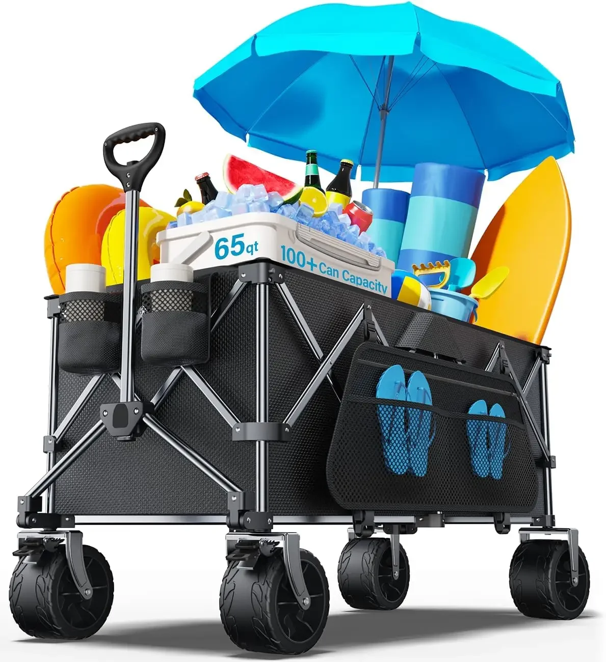 

Collapsible Wagon, 440 lbs Foldable Utility Wagon Cart with Big Wheels, Heavy Duty Folding Wagon for Beach/Garden/Camping/Grocer