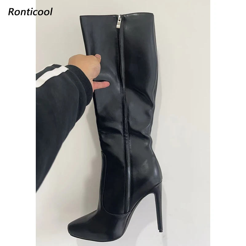 

Ronticool Handmade Women Winter Knee High Side Zipper Stiletto High Heels Pointed Toe Black Party Shoes Ladies Plus US Size 43