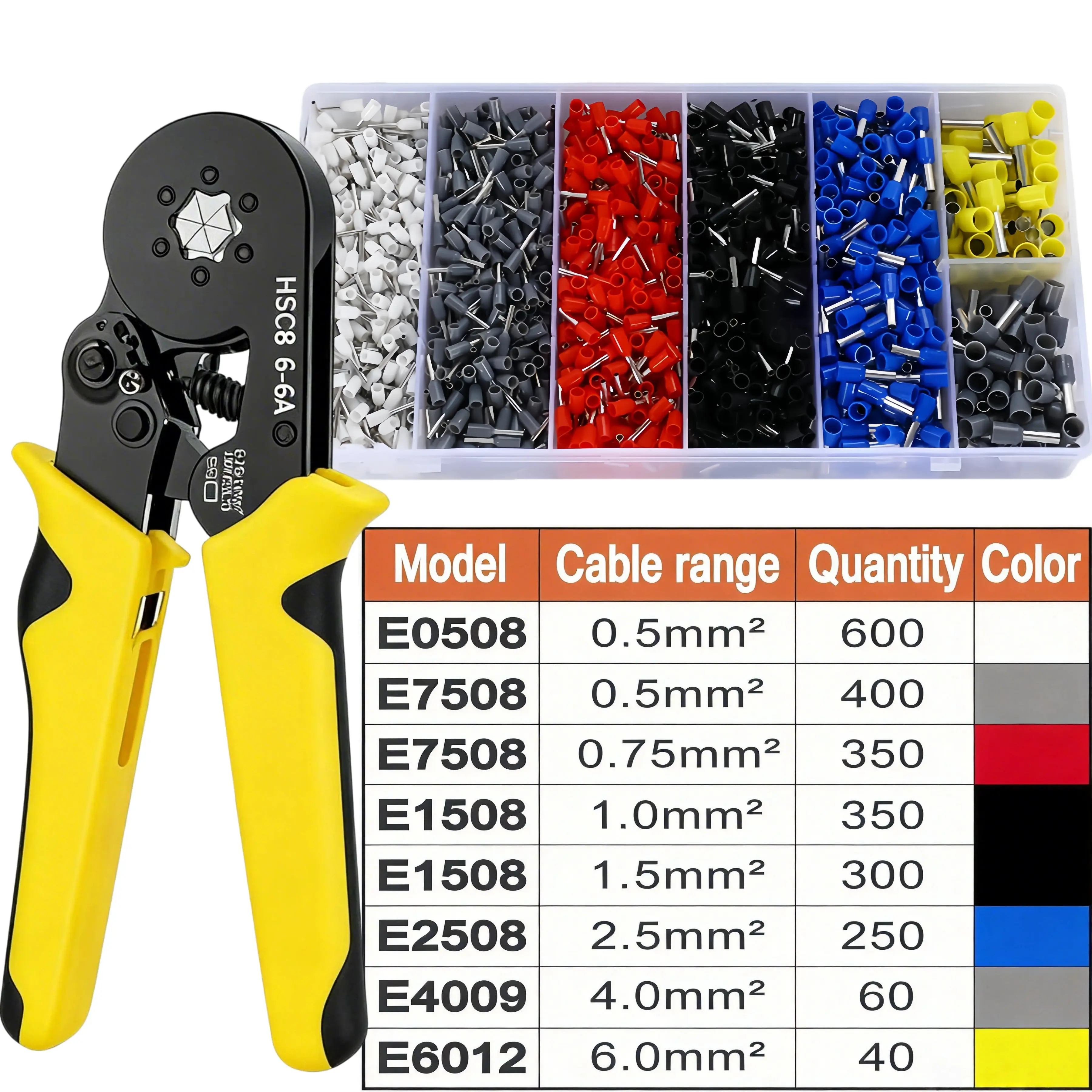 

2001-Piece Electrical Crimping Tool Set, compatible with HSC8 6-6A crimping pliers (0.25-6mm² / AWG23-10), including 2000 VE boo