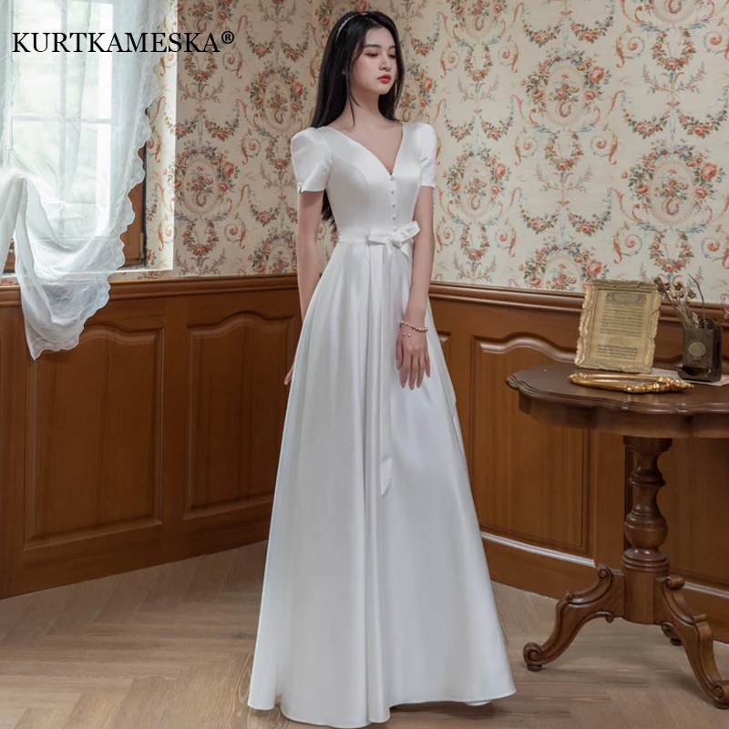 Robe de mariée en satin blanc pour mariée, robe de soirée élégante, longue robe de soirée, robe de Rhsexy à col en V, robe maxi, été, 2023