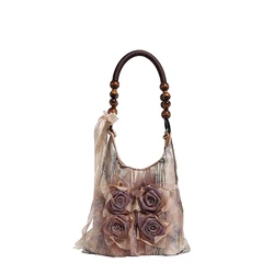 Bolso de mano elegante con flor de Rosa para mujer, bolso de mano Vintage de nailon suave con broche, bolso de hombro creativo para mujer, bolsos de viaje