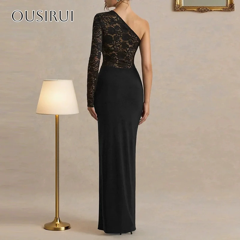 레이스 원숄더 쉬폰 프롬 드레스 슬릿 롱 슬리브 발목 길이 플리츠 파티 가운 맞춤 제작 웨딩드레스