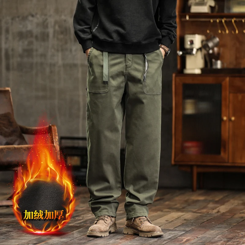 2025 خريف شتاء جديد سراويل تقليدية رجالية حجم كبير بسيط متعدد الاستخدامات مستقيم الساق مبطنة بالصوف سميكة السراويل البضائع في الهواء الطلق #4