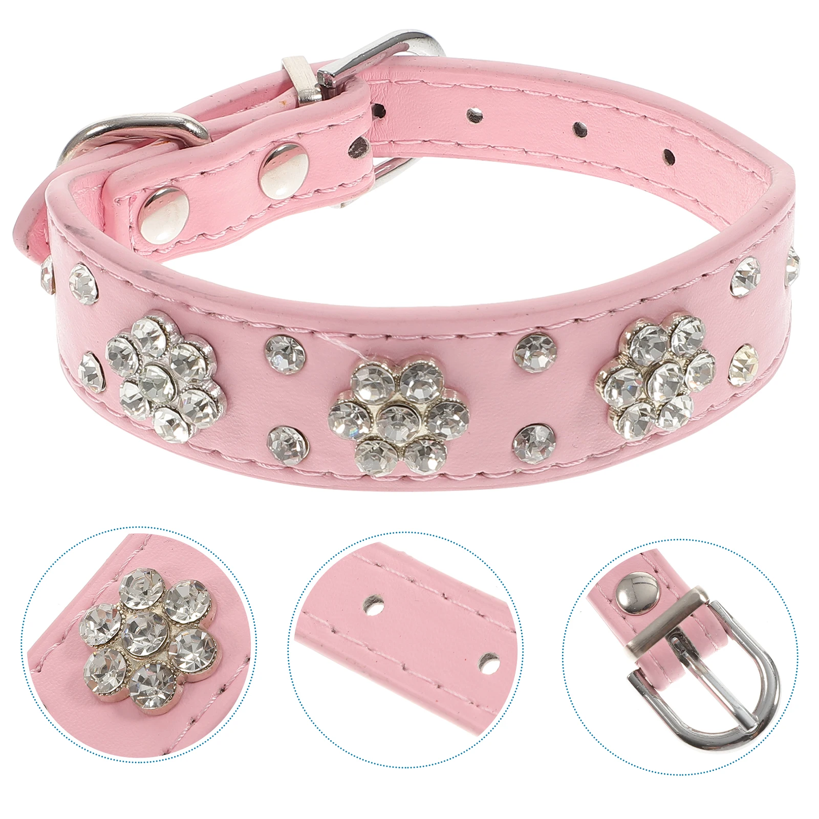 

Rhinestone Studded Floral Design Adjustable Dog Collar For Puppy Pet Safety Durable Pu Stainless Steel 27-32Cm