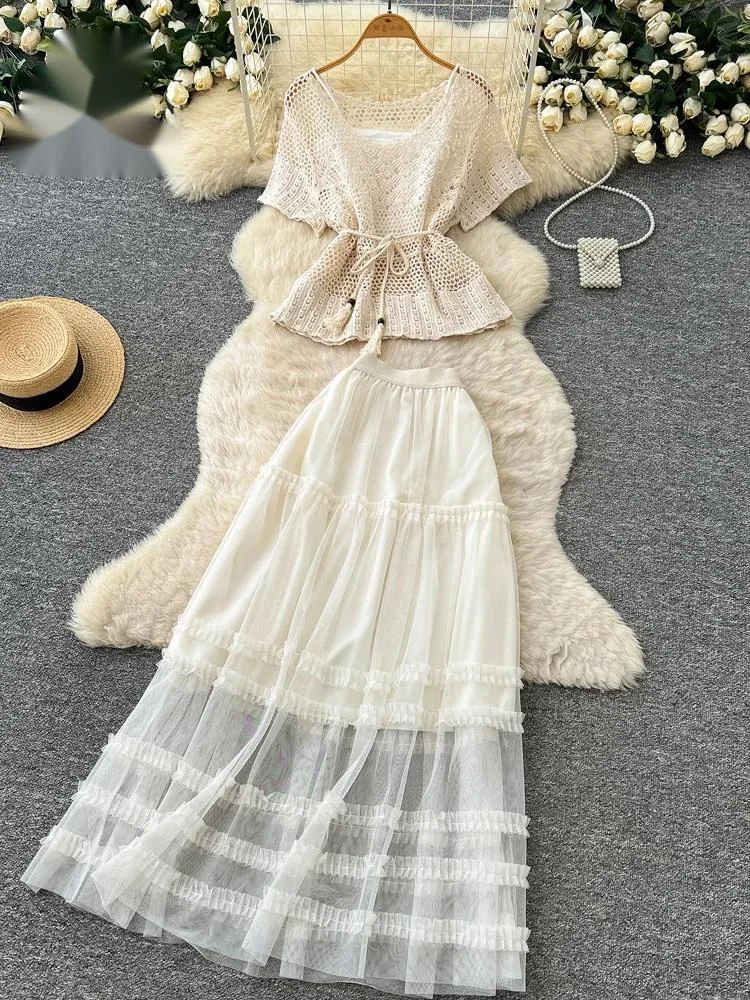 

Knitting Summer Beach Suits Ladies Summer Halter Sexy Mini Top+Bodycon Long Skirt 3D Floral Sensual Vacation 2Pcs Sets