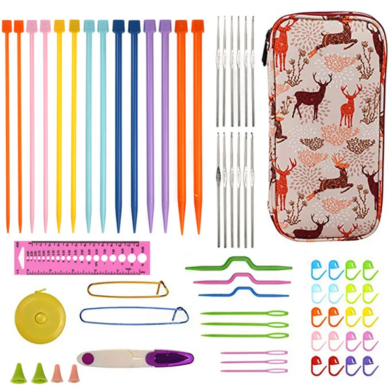 Knitting Needles Set Crochet Hooks Set with Storage Bag DIY Needle Arts Craft Scissors Stitch Markers Sewing Tools