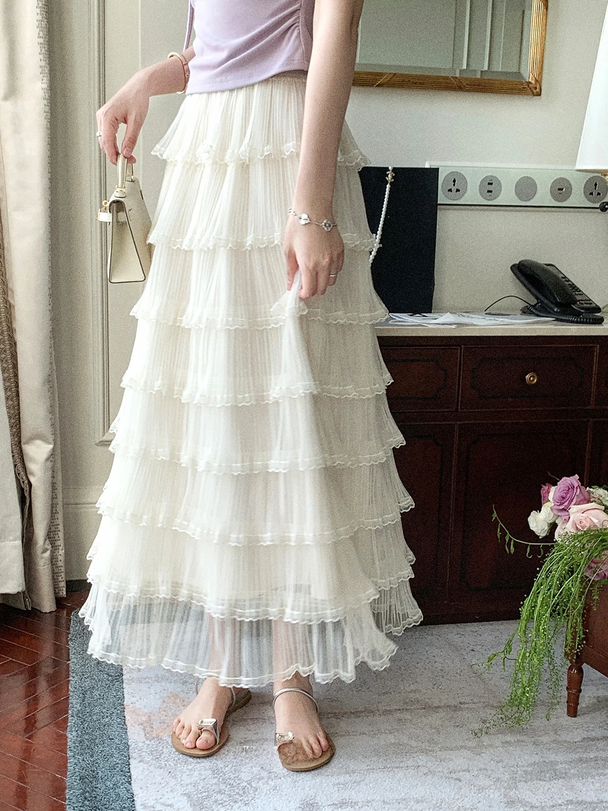 

Юбка с высокой талией из сетки, женская пышная юбка А-силуэта, летняя, во французском стиле, повседневная, для путешествий, 100% прочный материал, свободный крой