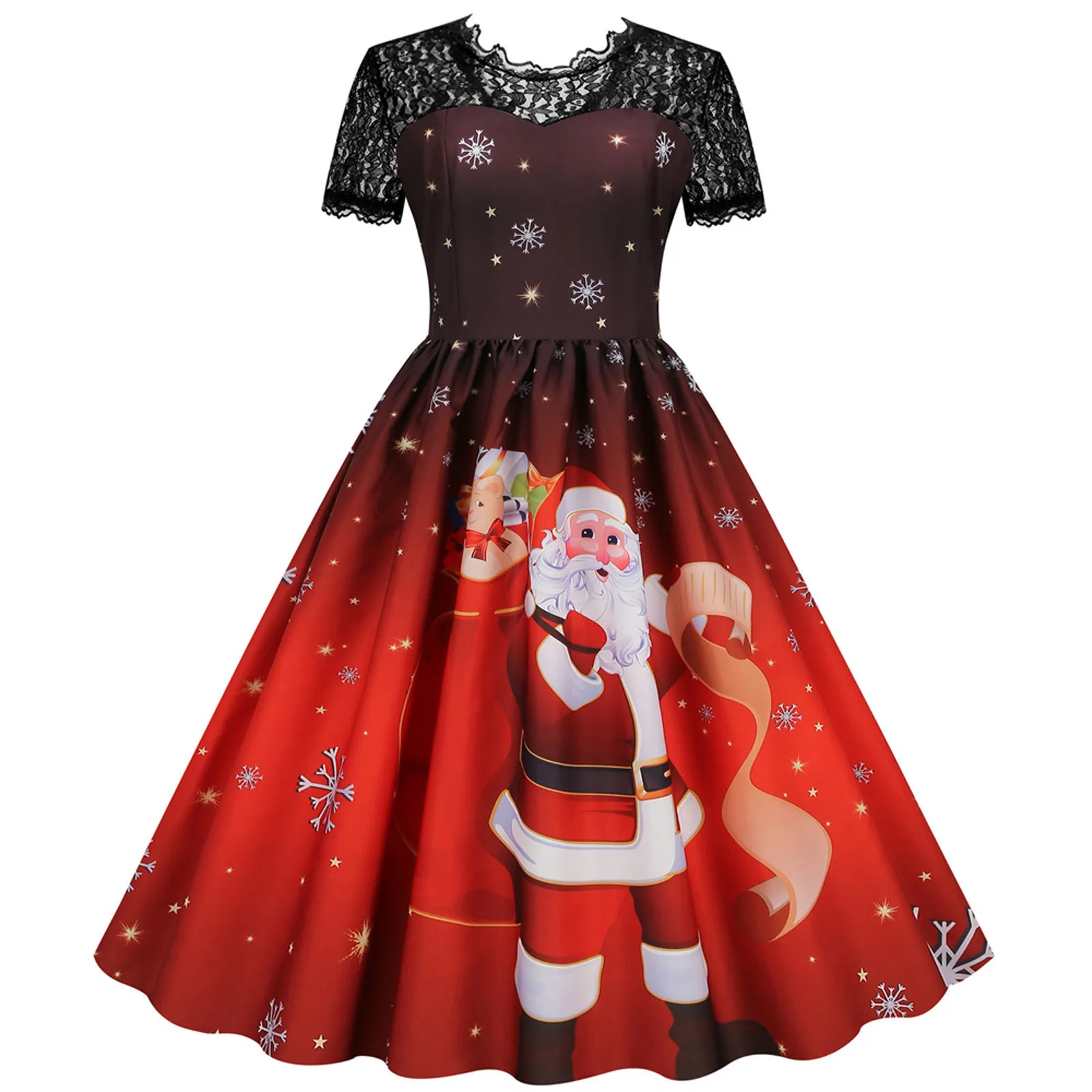 Christmas Dress Women 2024 New Autumn Winter Vintage Party Dresses Cosplay Costumes Short Sleeve Santa Claus Print Xmas Dress