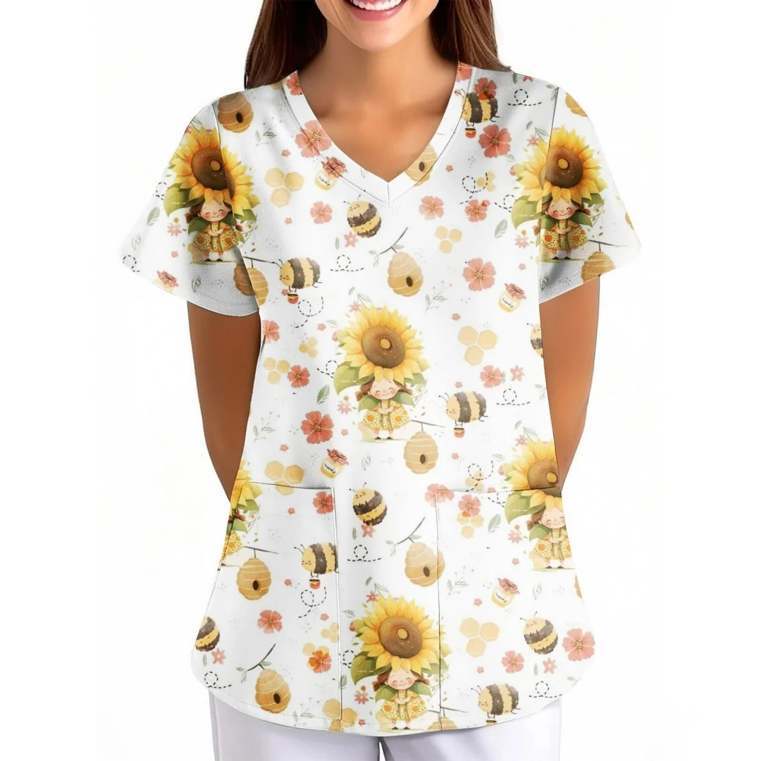 여성을 위한 패셔너블한 꽃무늬 프린트 수술복 V넥 간호복 여름 반소매 편안한 캐주얼 탑