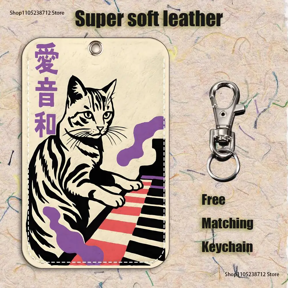 اليابانية خمر القط نمط 1 قطعة بو الجلود حامل البطاقة المفاتيح حلقة رئيسية قفل الباب الوصول العلامات بطاقة الهوية حالة المفاتيح بطاقة #6