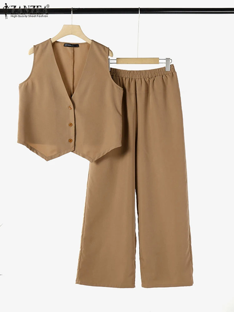 

2025 ZANZEA Summer Elegant V Neck Sleeveless Blouse Trouser Suit 2pcs Fashion Tracksuits Pant Sets Women Solid Work Matching Set