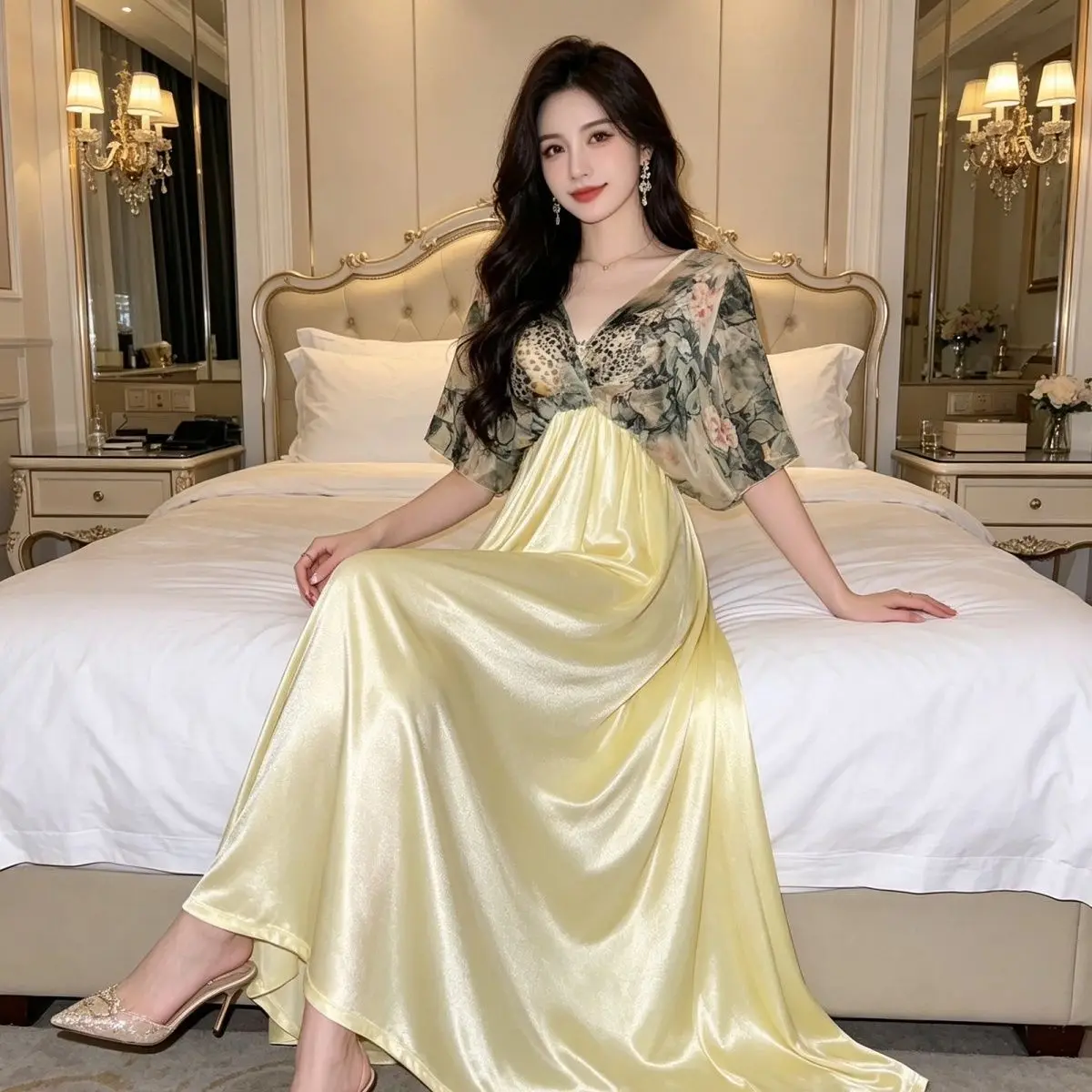 Deep V See-through Silk Scarf Skirt Ice Silk Double-sided Smooth French Floral Waist-cinching Cool Fairy Nude Sleeping Dress