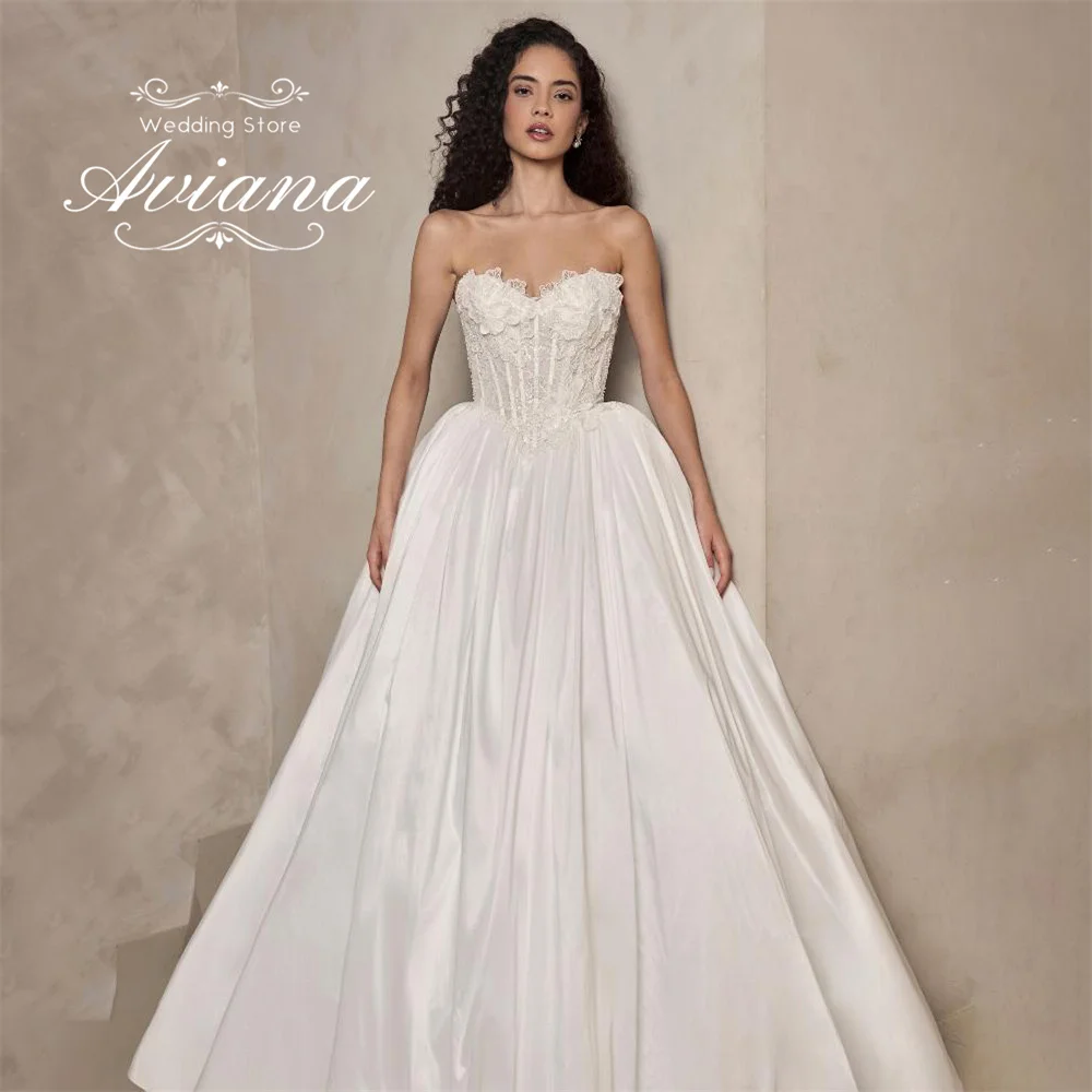 

Aviana Customized Sweetheart Strapless A-Line Wedding Dress Lace Embroidery Appliques Sleeveless Stain Flower Elegant Princess