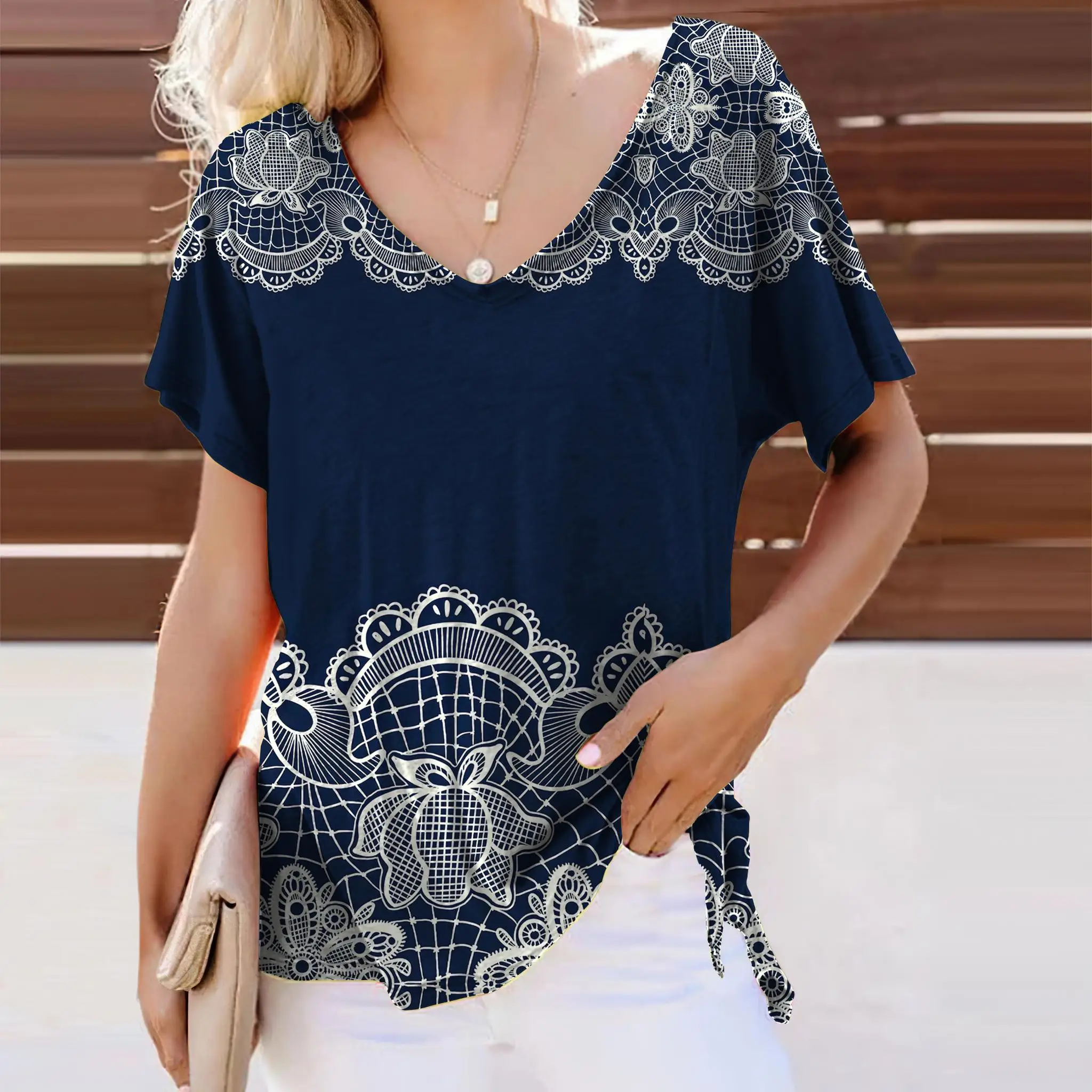 Lace Printed T Shirt For Women V-neck Short Sleeve Female Clothing Loose Casual Summer Tee Fashion Streetwear Ladies T-shirt Top