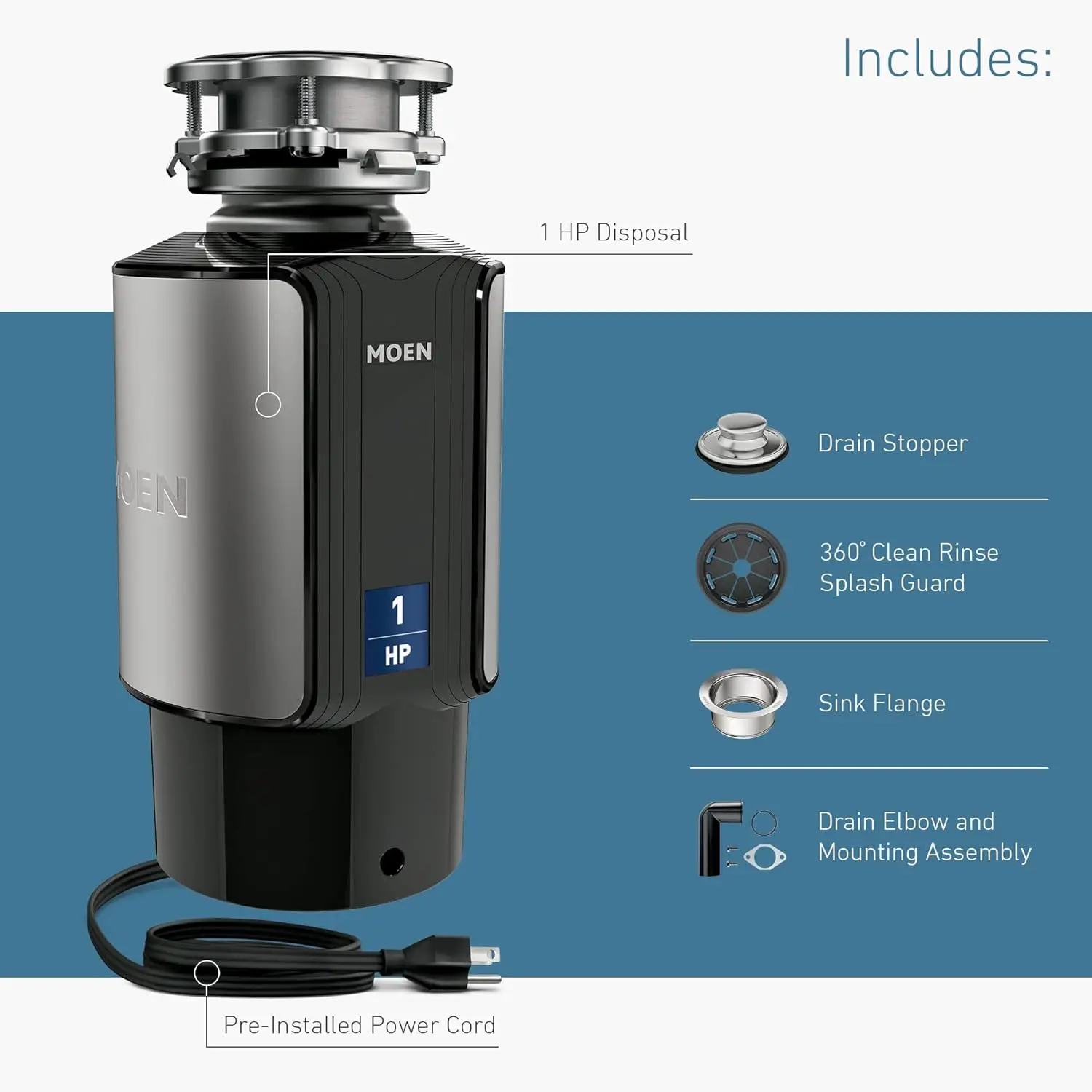 Continuous Feed Garbage Disposal with Sound Reduction, Disposer Power Cord Included