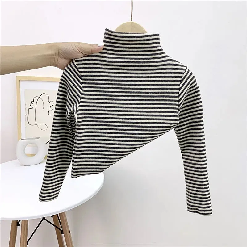 Autumn Winter Boy Girl Baby Solid Long Sleeve Bottoming Shirt Children Turtleneck Casual Tshirt Kid Striped Tops Toddler Clothes