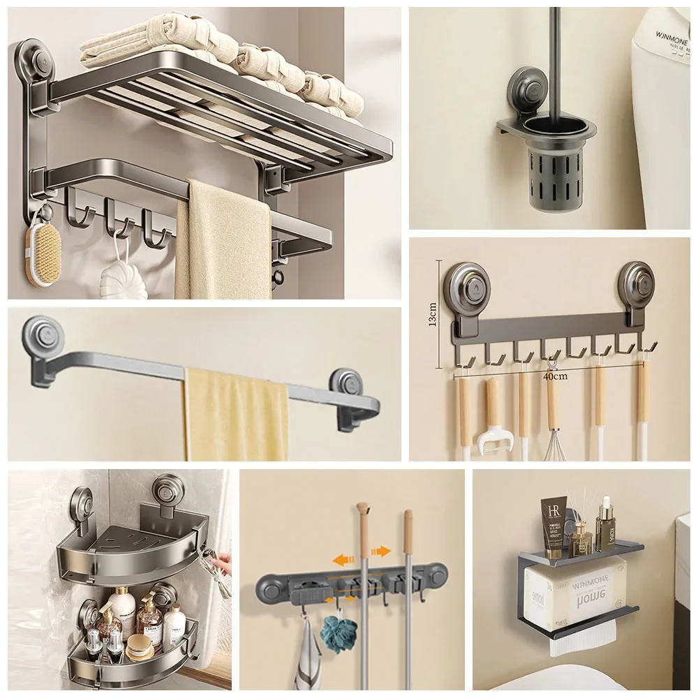 

Grey Bath Hardware Set Suction Cup Bathroom Accessories Suit Wall-mounted Folding Towel Rack Towel Bar Corner Storage Organizer