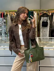 2024 Retro Brown Women's Tassels Pockets Lapel Jacket Fashion Single Breasted Long Sleeve Short Slim Coat Autumn Lady Streetwear