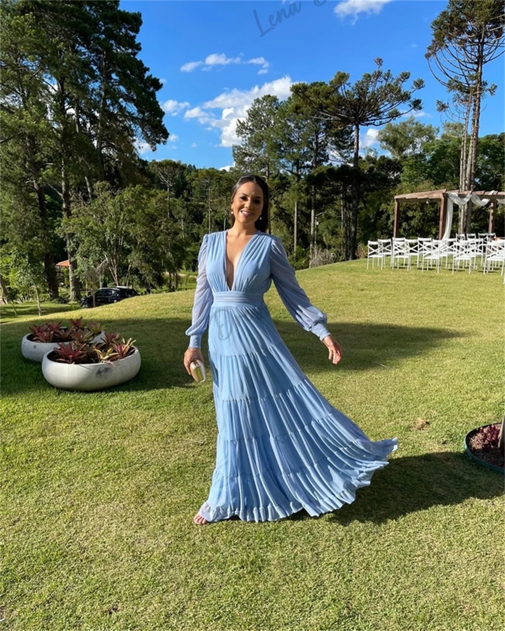 Lena Elegant Party Dresses 2024 for Wedding Dresses for Formal Occasions Sky Blue Woman Party Dress Es Chiffon V-neck Line A