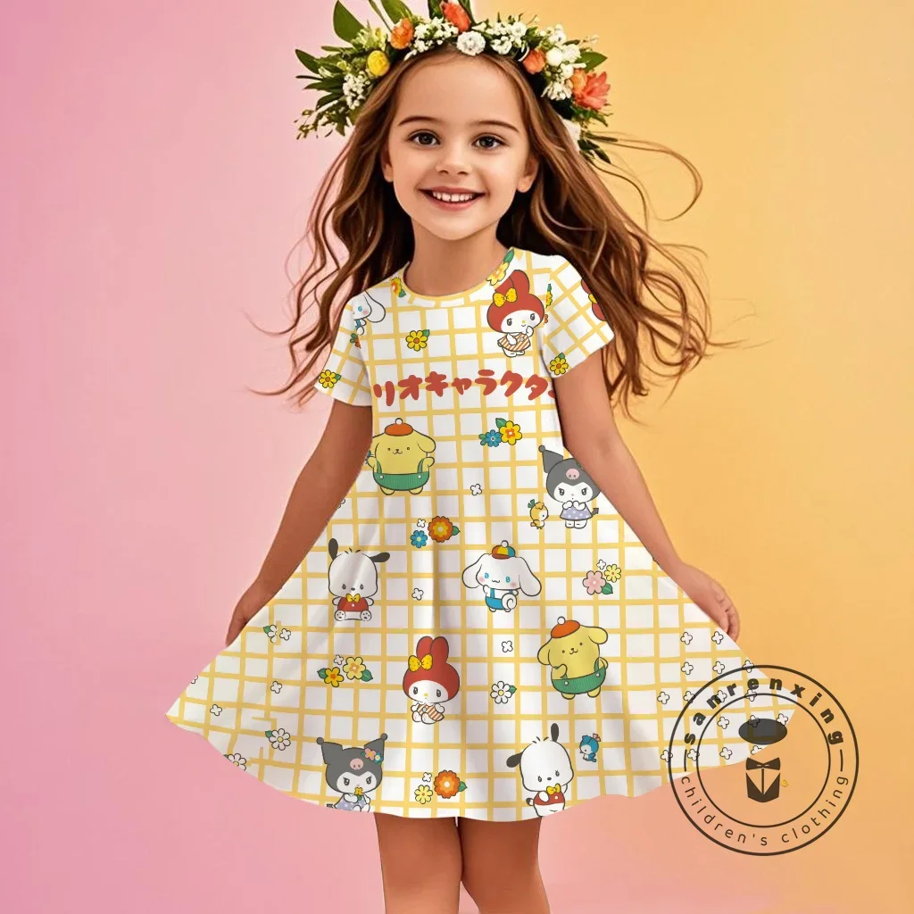 

3D Printed Sanrio Hello Kitty Fashion Cartoon Pattern Cute Short Sleeved Dress Cosplay Youth Girl Clothes Kuromi Clothes Sweet