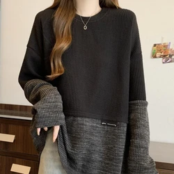 Design Sense Stitching Contrasting Color Sweatshirt Women's Fat Mm Loose Lazy Top Bottoming Shirt