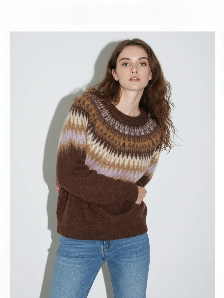 

ACOUSOTG Vintage Color Blo Fair Isle Knitted Sweater Women's Long Sve round Ne Pullover Aosphere Feeling Faion Top