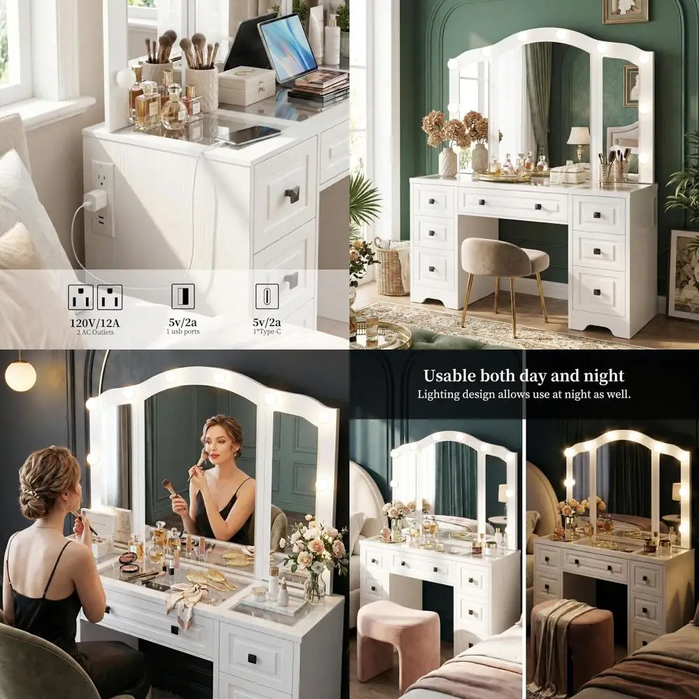 

Retro Vanity Desk with Lighted Mirror, Glass Top, Power Outlet, and Hairdryer Holder for Women & Girls