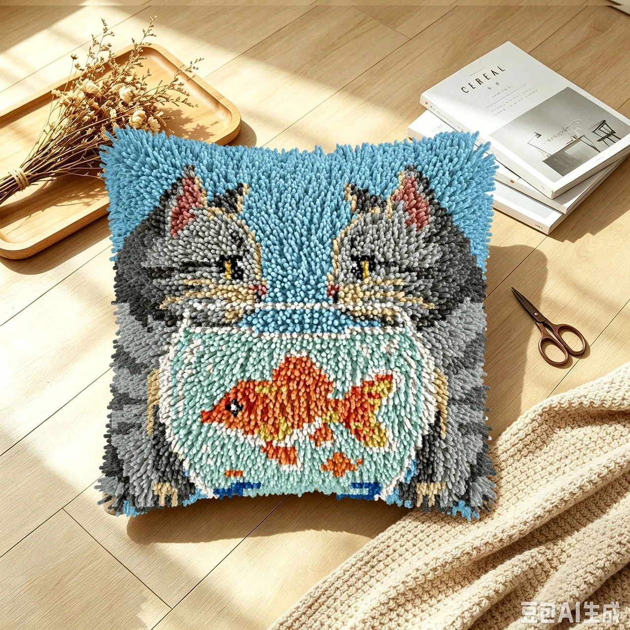 1 Set Aquarium Zwei Katzen Knoten-Kissen Häkelset Kissenbezug-Set für Handarbeiten Häkelsets DIY Anfängerfreundlich Em – Detail 3