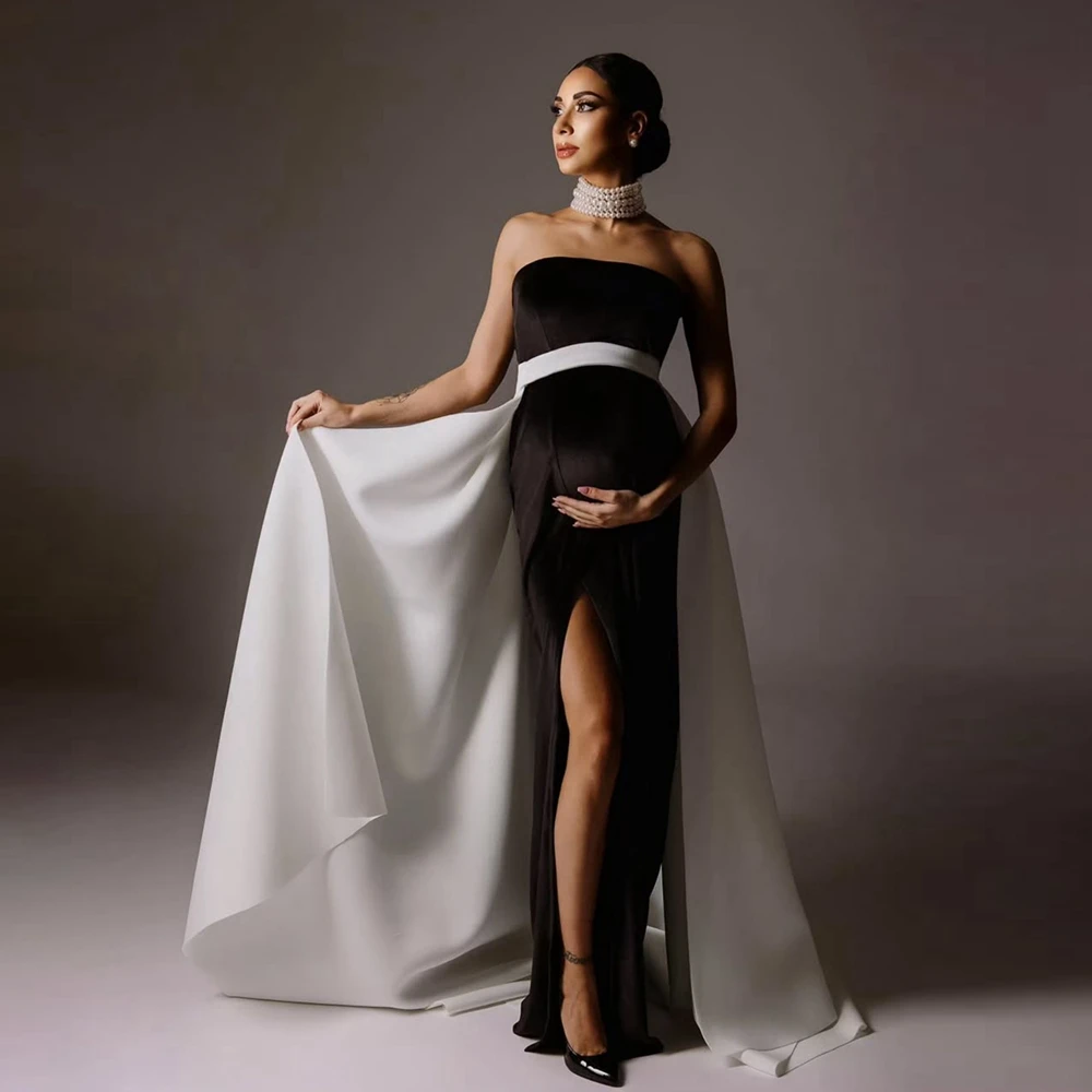 Elegancka długa sukienka ciążowa z odpinanym trenem, nowoczesna sukienka na studniówkę bez ramiączek z wysokim rozcięciem dla kobiet w ciąży, sukienki wizytowe.